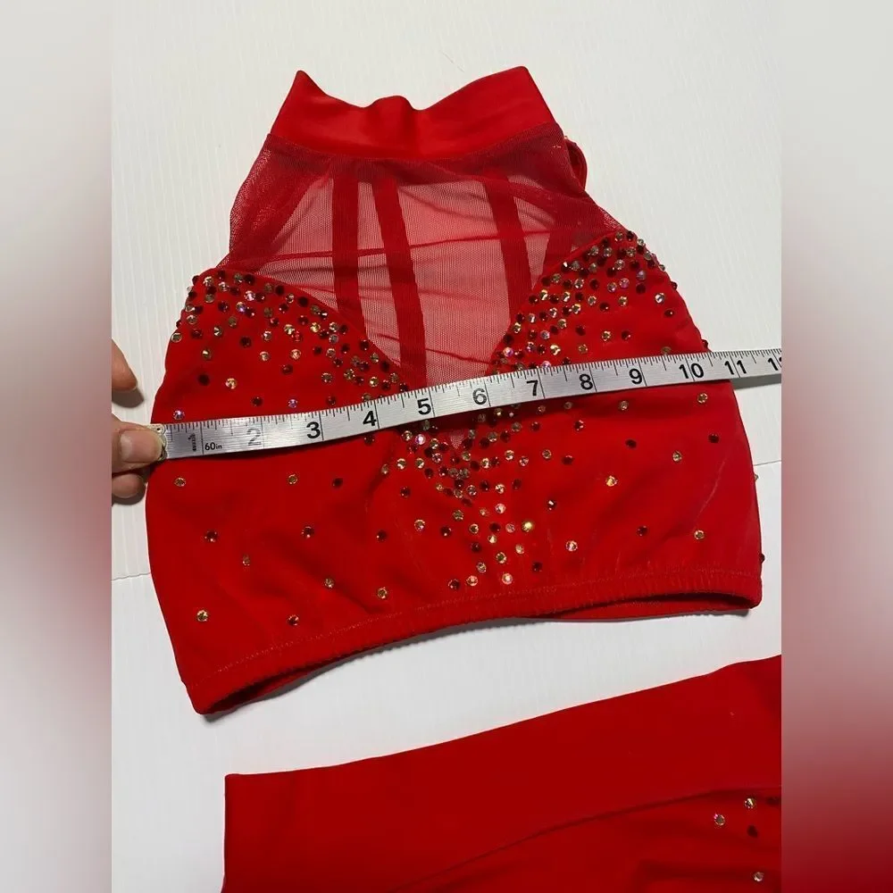 Custom dance solo costume red 2 piece rhinestoned illusion bling XSA adult
